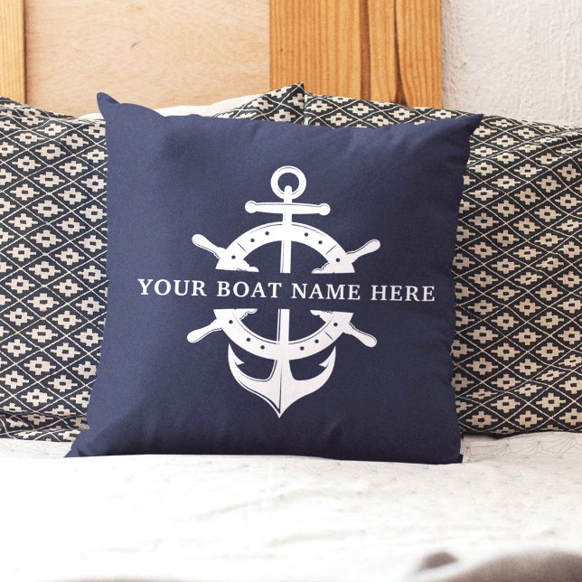 Moderne bootnaam Scheepswiel Anker Nautilus Blauw Kussen (Get cozy with our custom trendy boat-themed pillow!)
