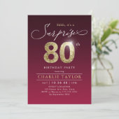 Moderne bordeaux gouden verrassingsfeest 80ste ver kaart (Staand voorkant)