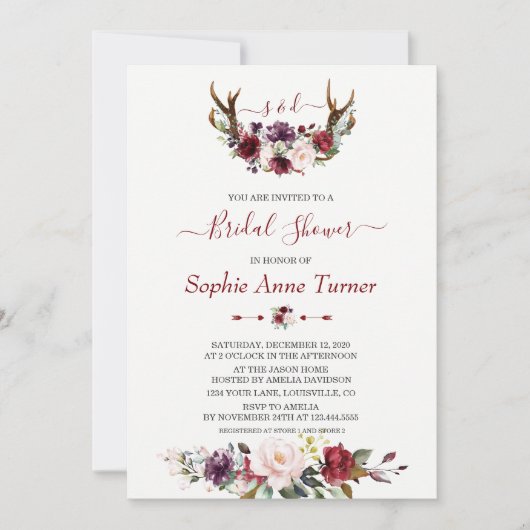 Moderne bordeaux-pluim bloemige herten bruidsdouch kaart (Voorkant)