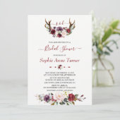 Moderne bordeaux-pluim bloemige herten bruidsdouch kaart (Staand voorkant)