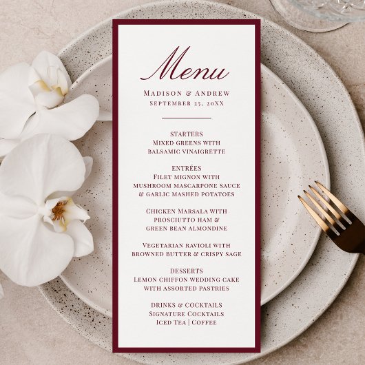 Moderne bordeauxkleurige trouwrand menu