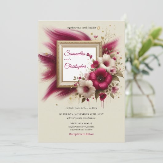 Moderne bordeauxrode bloemen en gouden lijsten bru kaart (Staand voorkant)