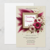 Moderne bordeauxrode bloemen en gouden lijsten bru kaart (Voorkant / Achterkant)