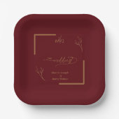 Moderne bordeauxrode gouden folderrand monogram papieren bordje (Voorkant)