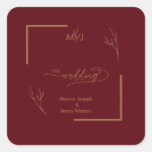 Moderne bordeauxrode gouden folderrand monogram vierkante sticker (Voorkant)