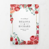 Moderne bordeauxrode rozen bloemendrie-in-één brui drieluik uitnodiging (Cover)