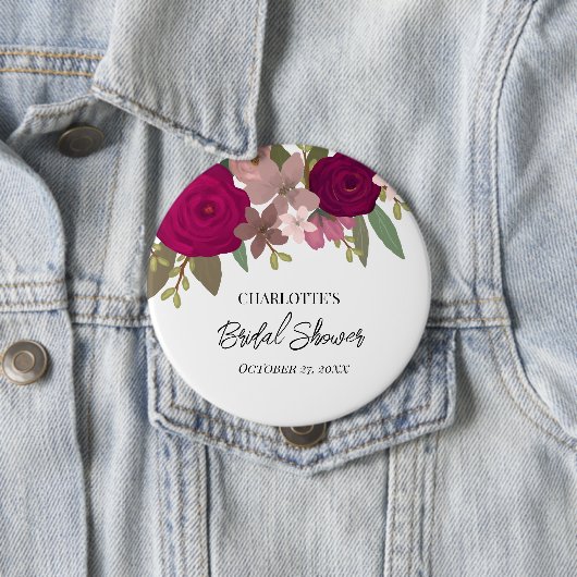 Moderne bordeauxrode tuinvruchten bruidsdouche  ronde button 4,0 cm (In situ)