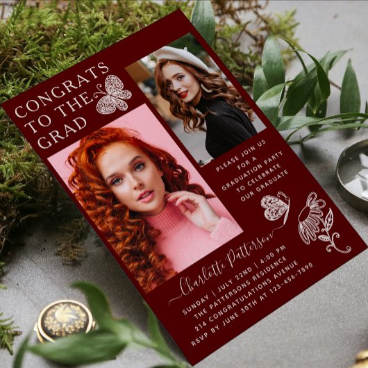 Moderne bordeauxrood vlinder foto afstudeerfeest kaart