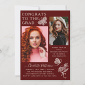 Moderne bordeauxrood vlinder foto afstudeerfeest kaart (Voorkant)