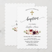 Moderne bordeauxroze bloemen gouden kruis doop kaart (Voorkant / Achterkant)