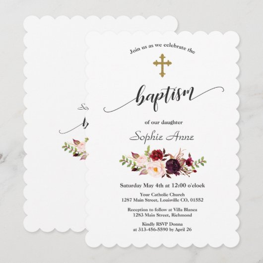 Moderne bordeauxroze bloemen gouden kruis doop kaart (Voorkant / Achterkant)