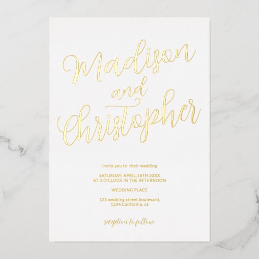 Moderne borstel met foto's noemt witte bruiloft folie uitnodiging (Voorkant)