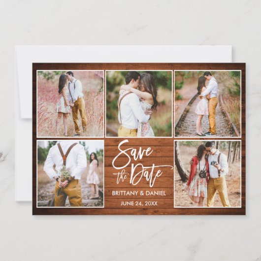 Moderne Borstel Schrift 5 Foto Roestig Hout Save The Date (Voorkant)