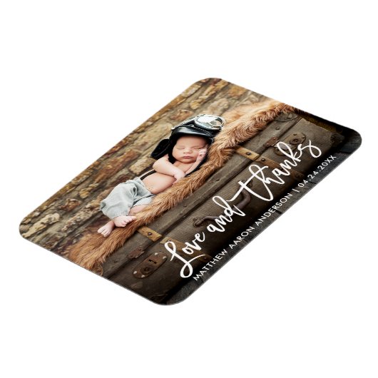 Moderne Borstel Schrift Nieuwe Baby Liefde en Dank Magneet (Linkerzijde)