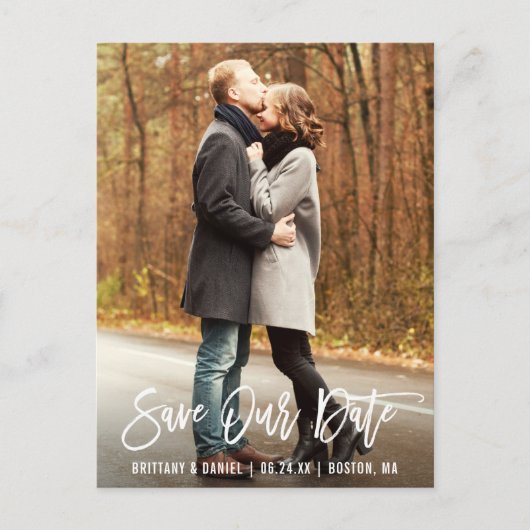 Moderne borstel script foto opslaan onze datum briefkaart (Voorkant)