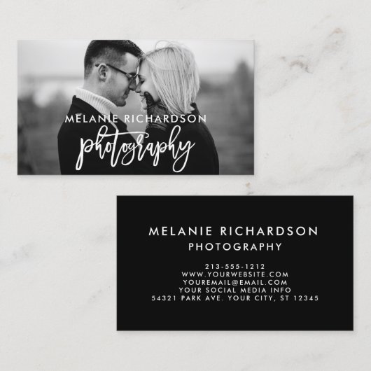 Moderne borstel script fotografie BW foto Visitekaartje (Voorkant / Achterkant)