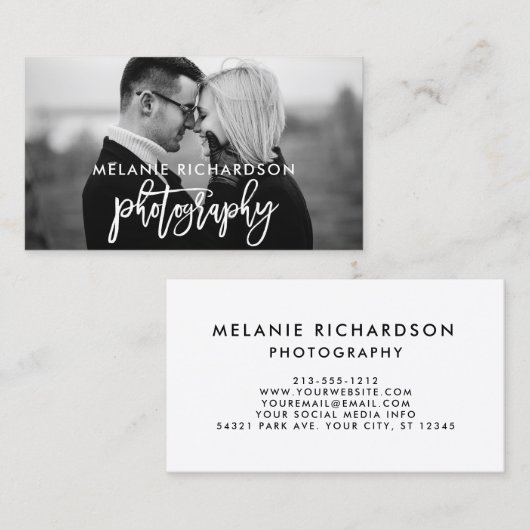 Moderne borstel script fotografie foto BW Visitekaartje (Voorkant / Achterkant)