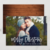 Moderne Borstel Script Houten Kerstmis Fotokaart Kaart (Voorkant / Achterkant)