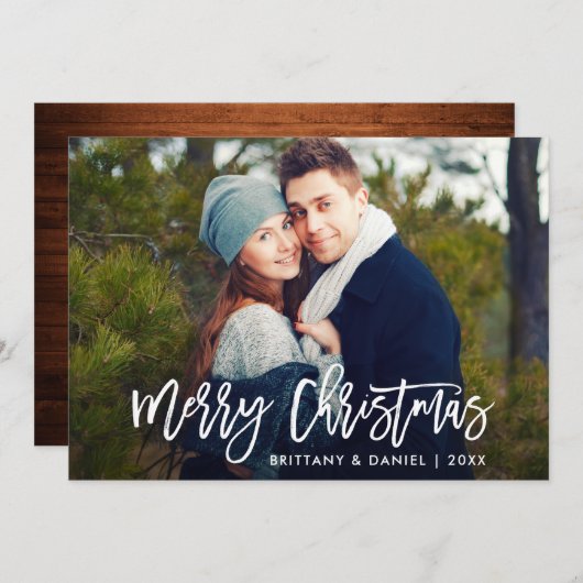 Moderne Borstel Script Houten Kerstmis Fotokaart Kaart (Voorkant / Achterkant)