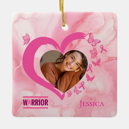 Moderne Borstkanker Aangepaste Hart Foto Naam Keramisch Ornament (Voorkant)