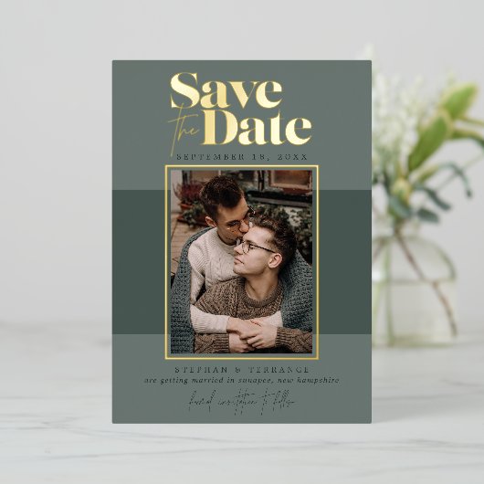 Moderne bosfoto's opslaan datum folie uitnodiging (Staand Voorkant)