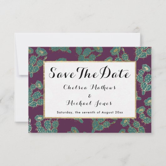 Moderne bosgroene goudcactus save the date (Voorkant)