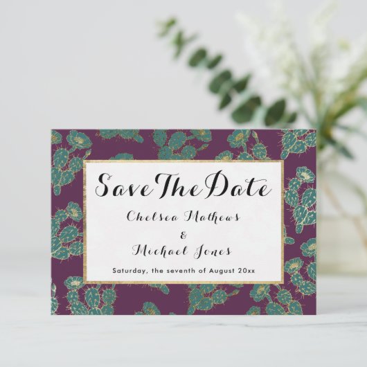 Moderne bosgroene goudcactus save the date (Staand voorkant)