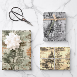 Moderne Bosjacht Groene Toile de Jouy Patroon Inpakpapier Vel