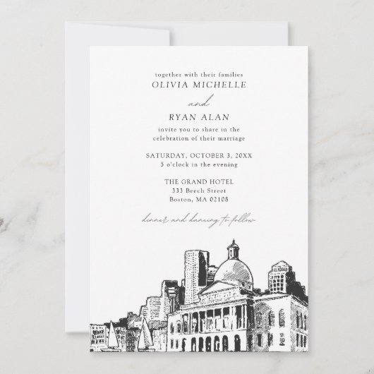 Moderne Boston Wedding Skyline schets Zwart & Wit Kaart (Voorkant)