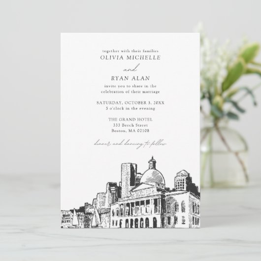 Moderne Boston Wedding Skyline schets Zwart & Wit Kaart (Staand voorkant)