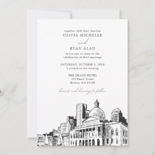 Moderne Boston Wedding Skyline schets Zwart & Wit Kaart