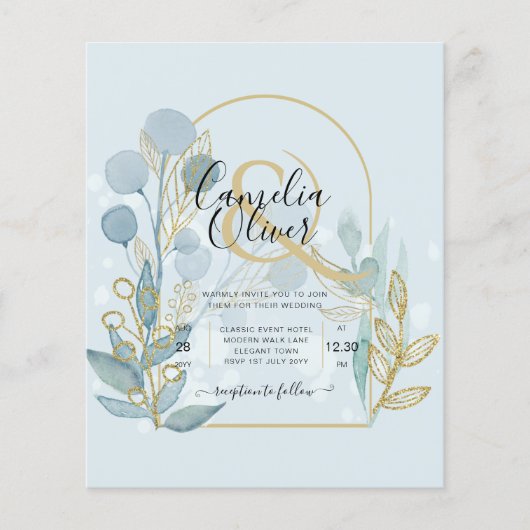 Moderne Botanica; Aqua SeaGlass Gold Wedding Invit (Voorkant)