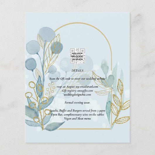 Moderne Botanica; Aqua SeaGlass Gold Wedding Invit (Achterkant)