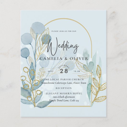 Moderne Botanica; Aqua SeaGlass Gold Wedding Invit (Voorkant)