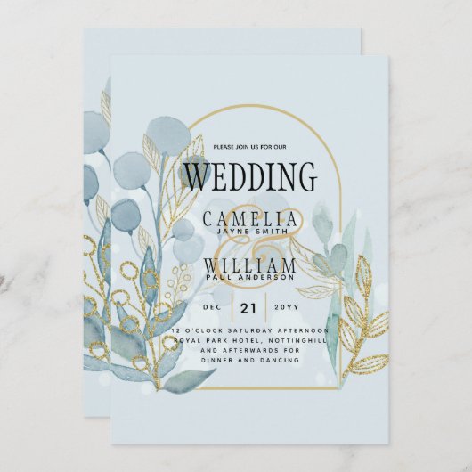 Moderne Botanica; Aqua SeaGlass Gold Wedding Invit Kaart (Voorkant / Achterkant)