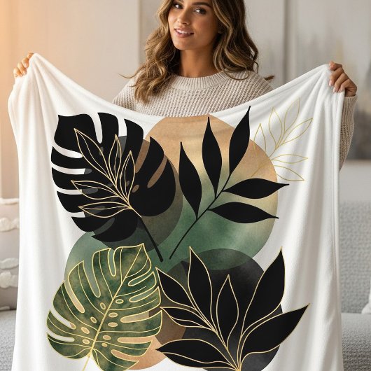 Moderne Botanische Abstracte Kunst Zwarte en Goude Fleece Deken