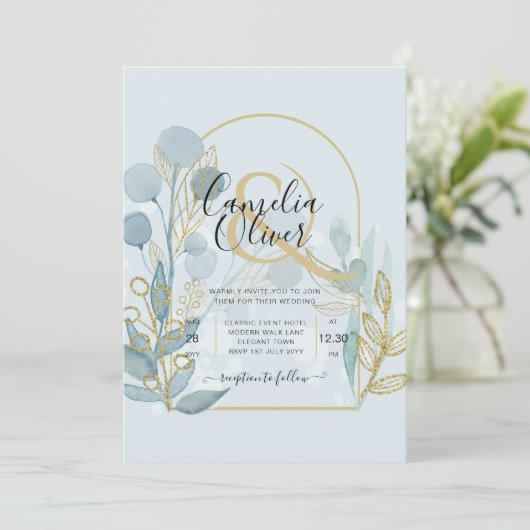 Moderne botanische Aqua SeaGlass Gold Wedding Invi Kaart (Staand voorkant)