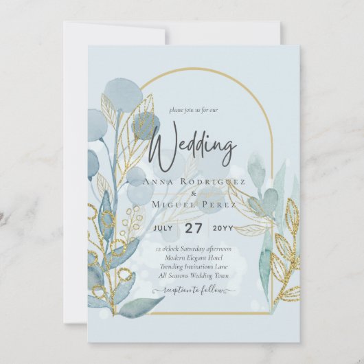 Moderne botanische aqua zeeglas gouden trouw uitno kaart (Voorkant)