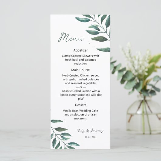 Moderne Botanische Aquarel Dinercursus Menu (Staand voorkant)