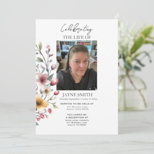 Moderne botanische begrafenisdienst e-vite kaart (Staand voorkant)