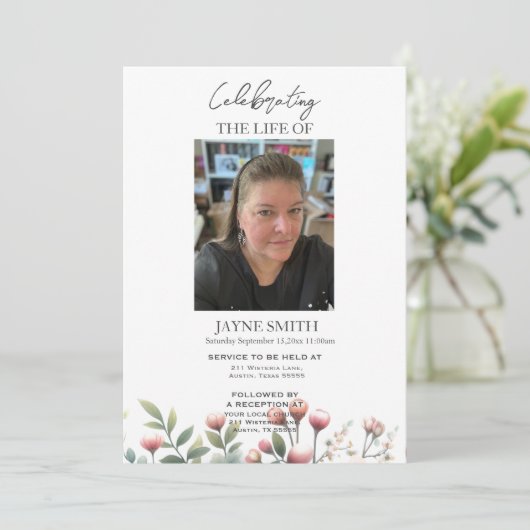 Moderne botanische begrafenisdienst e-vite kaart (Staand voorkant)