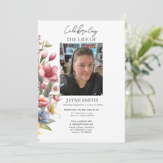 Moderne botanische begrafenisdienst e-vite kaart (Staand voorkant)