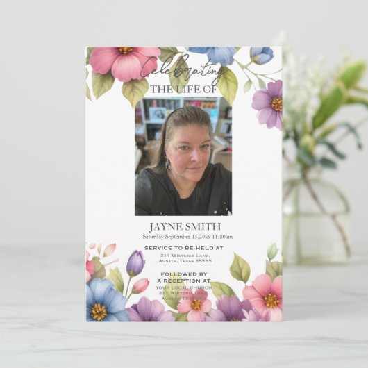 Moderne botanische begrafenisdienst e-vite kaart (Staand voorkant)