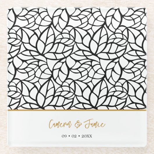 Moderne Botanische Blad Patroon Namen Datum Glazen Onderzetter (Voorkant)