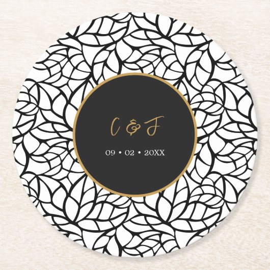 Moderne Botanische Blad Patroon Namen Datum Ronde Kartonnen Onderzetter (Voorkant)