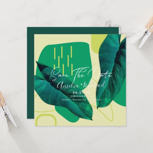 Moderne Botanische Bladcollage Save the Date Kaart (Voorkant / Achterkant in situ)
