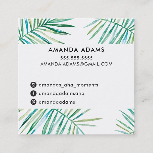 MODERNE BOTANISCHE BLADEREN boho waterverf palm Vierkante Visitekaartje (Achterkant)