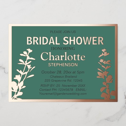  Moderne botanische bladeren Bruidsdouche     Folie Uitnodiging (Voorkant)