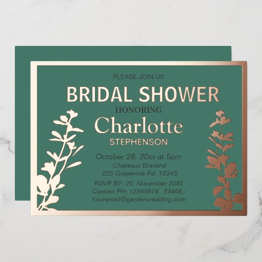 Moderne botanische bladeren Bruidsdouche Folie Uitnodiging (Voorkant / Achterkant)