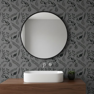 Moderne Botanische Bladeren Patroon Donkergrijs Behang